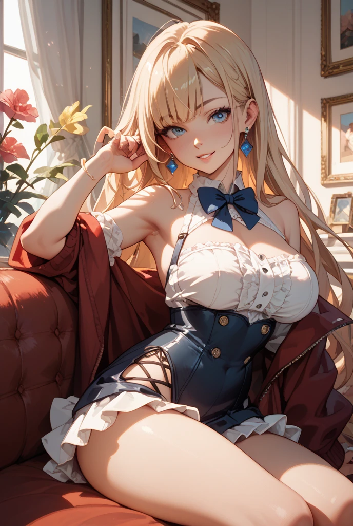 Adult Woman, Sexy Witch Cosplay, Long dark blonde wavy hair、jaket、off-shoulder knit, (Pencil Skirt), Big hat、Medium milk, Blushing, Shy laughter, Bare shoulders、(Pose to lean forward and emphasize the chest)、(turned around)、sexy hips、((dark blue and red lace panties))、Red high heels、Luxurious magic wand and book、Church of the castle、sexy  pose、((I can see all my panties))、((buttocks visible))、((embarassed expression))