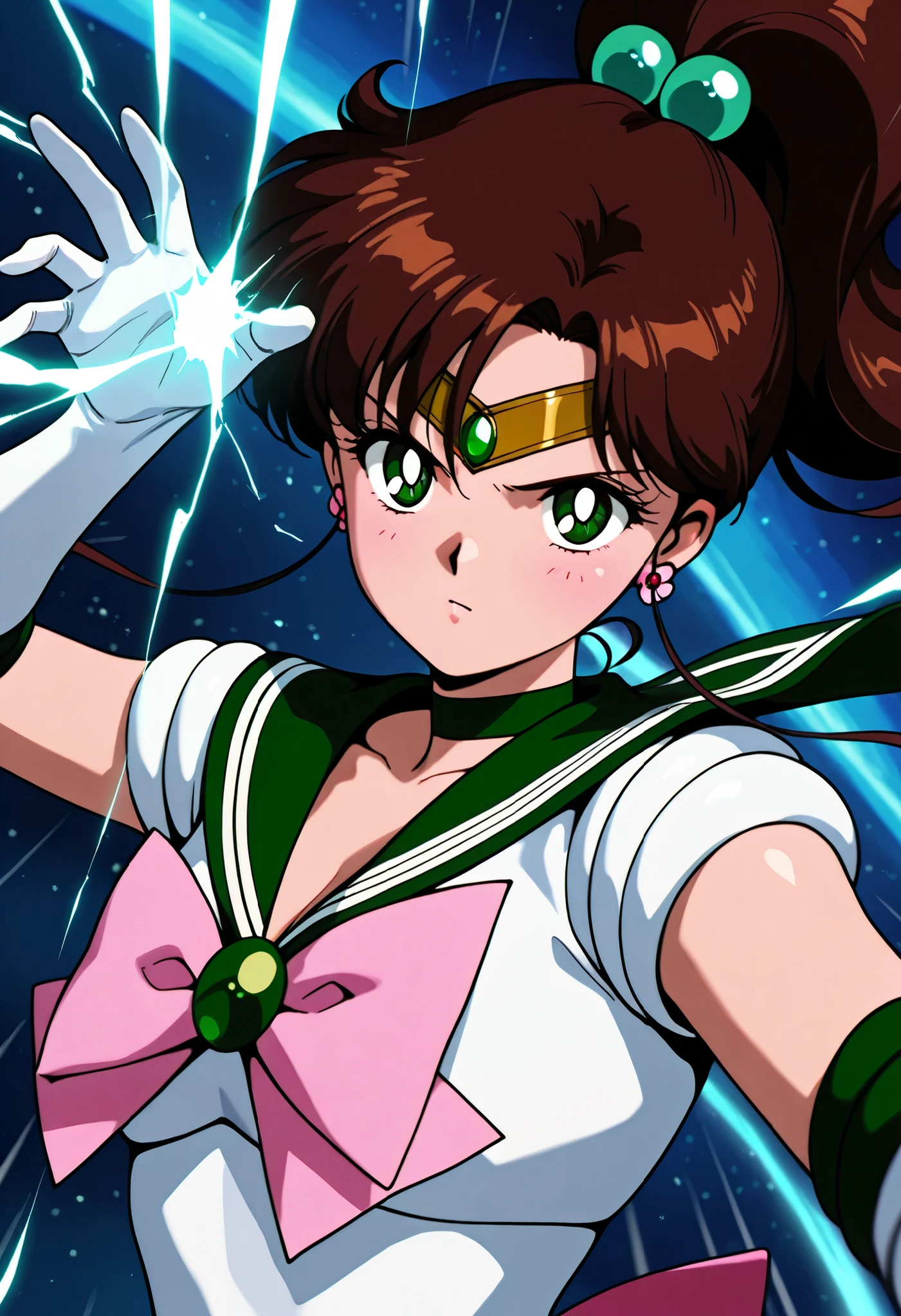masterpiece,best quality,amazing quality, clear skin, ultra-detailed-eyes, soft skin, very awa, very as2, soft body, 90's style, official art, attack pose, sailor jupiter, brown hair, circlet, green eyes, hair bobbles, ponytail, sidelocks, parted bangs, bowtie, brooch, choker, elbow gloves, flower earrings, gem, gloves, green choker, green gemstone, green sailor collar, jewelry, pink bow, pink bowtie, sailor collar, white gloves, rimlight, ((Dutch angle)), portrait, upper body focus, emphasizes high quality fabrics, depth of field, attack pose, motion lines, speed line, space, looking at the side, casting a very powerful thunder spell, tiara and lightning magic, dark magic, imminent attack