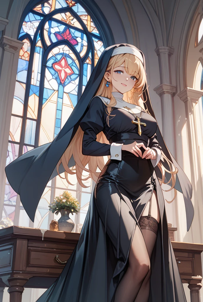 nun，nun服，黑白nun服，Colored hair，nun头巾，Big breasts，Full of figure，Church Background，Stained window glass，Mosaic art background，nun，高开叉nun长袍，Absolute Domain，thigh，thigh，thigh，黑白Knee socks，黑白Knee socks，Knee socks，nun长袍，Cheongsam style hem，Robe hem，Robe hem，Long hem robe，Front of robe，Long front robe，Front of robe，thigh侧面，Long blond hair，blond，cute，gentle，Smile，慈爱的Smile，Wide crotch，Wide crotch，Thin waist，肉感thigh，Robe front hem，Front swing of mopping