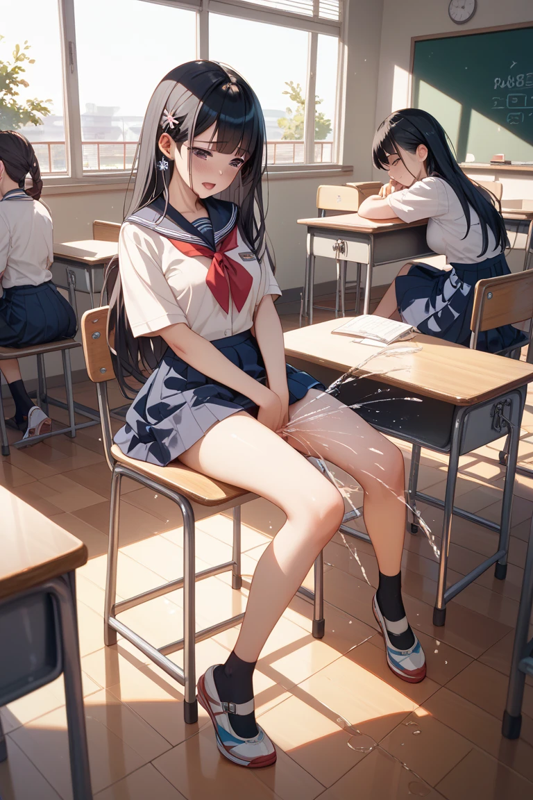 Have ice cream、Eating ice cream、Licking ice cream、Holding a popsicle stick、from directly below、Stinking eyes、sideways glance、School、In the classroom、Sitting in a chair、Girl、Girl、Short、Younger、Lower school year、Baby Face、flat chest、Dynamic Angle、masterpiece、best quality、ultra-detail、Sweating heavily、The air conditioner is broken、Summer sunshine、Miniskirt、Panties、Spreading legs、Looks hot、Raise one leg、The desks are lined up、corridor、window、He has a troubled look on his face、There are several classmates behind me.、Clothing、Untidy appearance、Her chest is exposed、Wide Stride、Fan、Heat