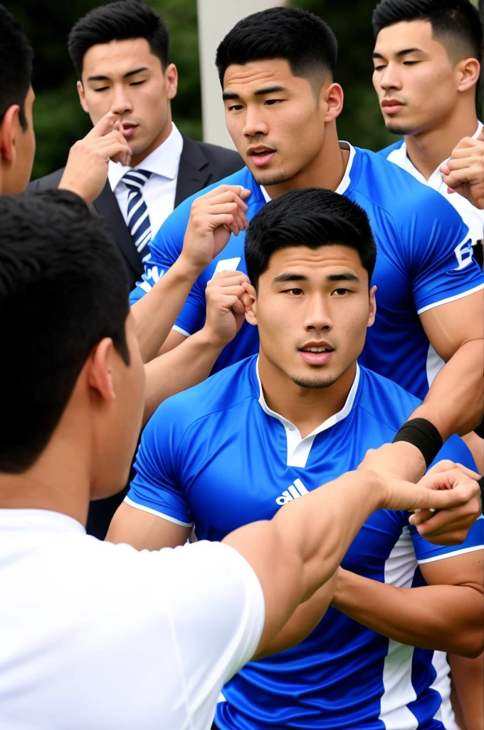 3Two Japanese college rugby players standing naked, close your eyes, He frowned., scream in pain、grab an erect penis.。blue sky。Hair style: skin fade.。good looking。Masculine。Mischievous face。Brown Skin。single eyelid。A large amount of semen spurts out from the tip of the penis。The man on the right is touching the nipples of a naked man。