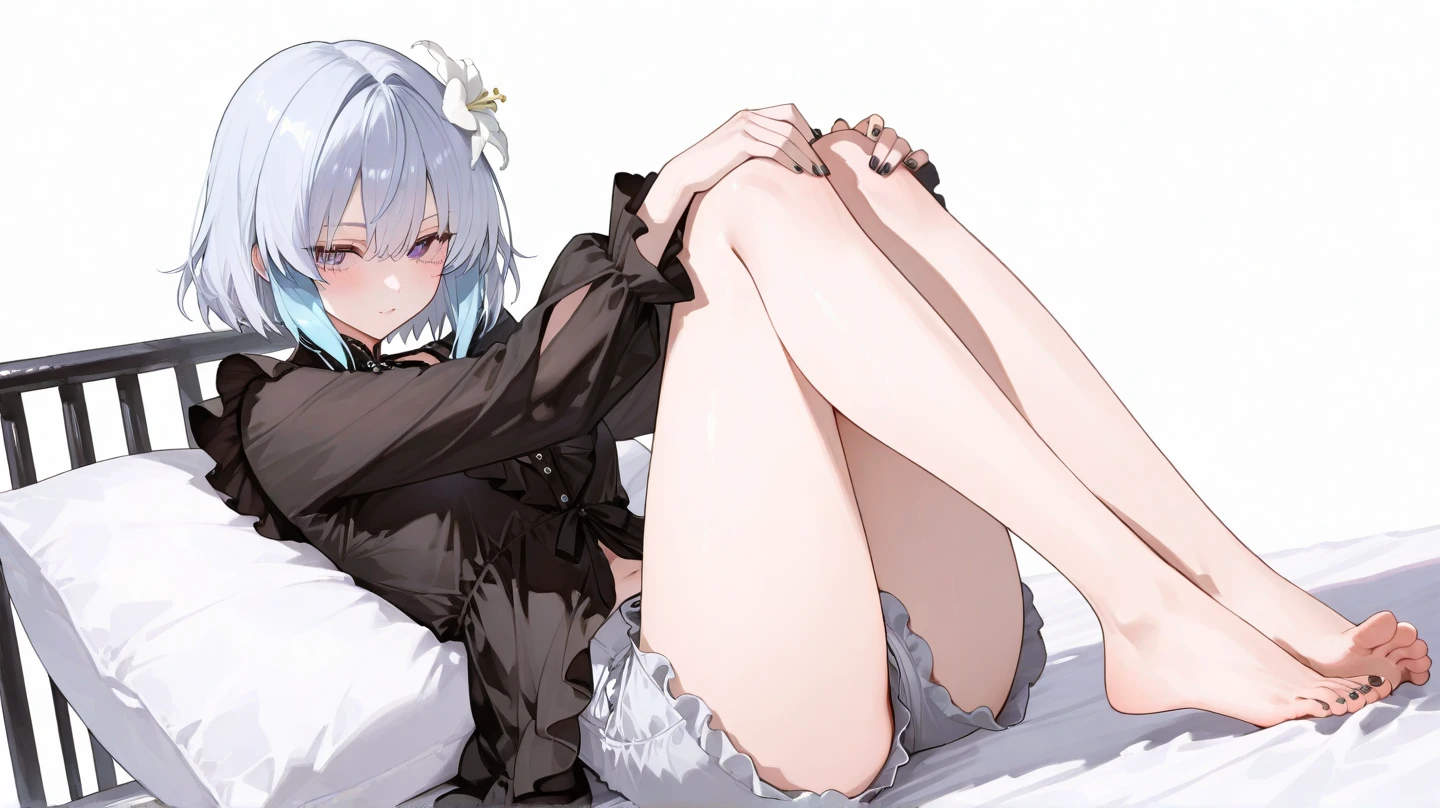 1girl,legs,masterpiece,best quality,very aesthetic, absurdres,pale hair,pale eyes,light blue eyes,Detailed eyes,(Toes:1.3)
