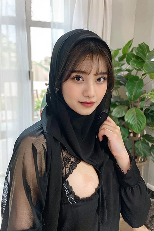 a beautiful malay girl wearing black hijab at home... wearing white facemask.. wearing white bra and g string underwear.. no pants.. she sit on bathroom floor.. her hands above her head.. soft stomach.. less lighting