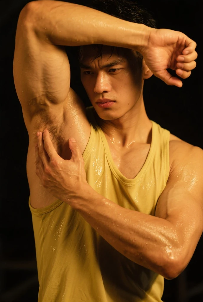 (Photottristic: 1.2, Best Quality, 8K, Sensuality: 1.3, Wet), (Man, Solo, Japan Person, Dynamic Angle), 20 years old, Actor, Blonde, Bodybuilder, (sweat, wet), Fine Skin, (Film Lighting), Kimono, Yukata, Soft Light, Arm Hair, Chest Hair