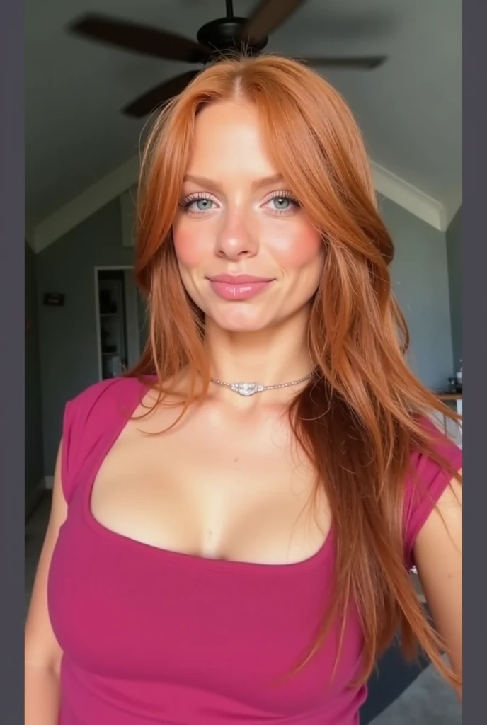there is a woman with a very large breast posing for a picture, leesha hannigan, 40 years old women, ginger wavy hair, lacey, redhead woman, alison hannigan, redhead, flowing ginger hair, angelawhite, italian looking emma, ginger hair and fur, close up half body shot, she is redhead, she is about 4 0 years old