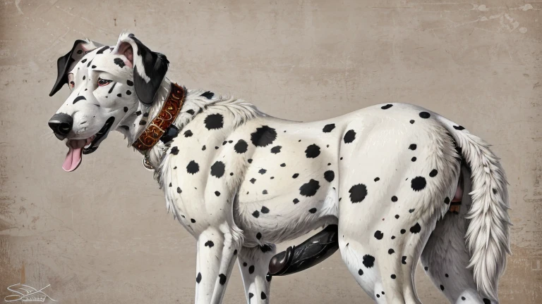 (by taran fiddler), (by halbean), feral dog, female, solo canine, alone, spotted great dane, jowls, drool, curvy, wide hips, thick thighs, presenting hindquarters, looking back at viewer, raised tail, perineum, arched back, spreading cheeks, bending down, play bow, panting, living room background