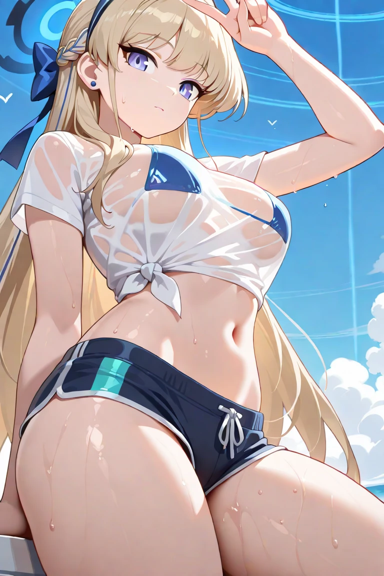 Very detailed、highest quality、Best image quality、masterpiece、8k、Sparkling Blue Eyes、Anime Face、A kind smile、Open Mouth、(Blonde long hair:1.5)、(SFW Giant)、Rear View、Cowboy Shot、(White Thong:1.5)、(Muscles of the whole body)、Horn、ckundies