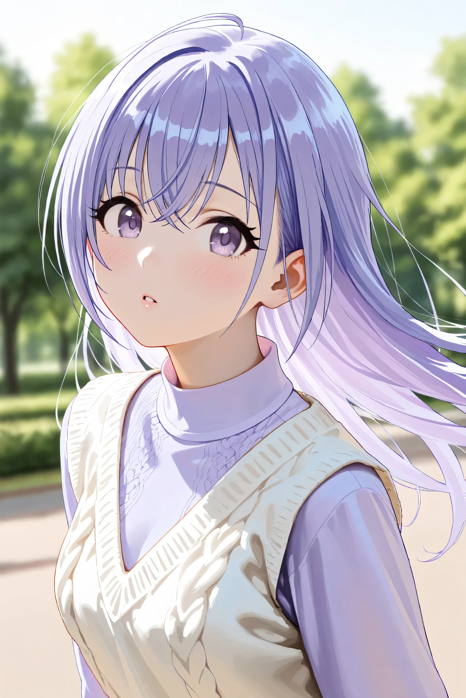(Masterpiece), (Highest quality), (Very detailed),
(The best shape), (Best Shadow), (Absurd),
(Detailed background), (So beautiful), Shiny ,
Extraordinary, Countershading, 8k, 32K, High resolution, Beautiful eyes in every detail,
Very Detailed CG, UHD,
Score_9, Score_8_up, Score_7_up, Source_anime,
(Pastel painting:1.2), (Watercolor painting:1.2),
(Masterpiece, Detailed:1.2), (Foreshortening:1.2),
Cinematic, Dramatic, (Depth of field:1.4),
(Blurry background:1.4), (Realistic background:1.4),
(Foreshortening:1.3),Dynamic angle, 1 girl,
Outdoor, Nature, Park, Wind,
Suzuki Hana,
The idolmaster shiny colors,
hana suzuki, purple hair, purple eyes, long hair,
(Casual wear:1.3),
vest, white vest, Wool knit vest,
(High neck shirt:1.1), light purple shirt, long sleeves shirt,
portrait, Focus on face, close up shot,
(Blush:1.3), parted lips, (tilt her head:1.1),
Realistic skin, Shiny skin,