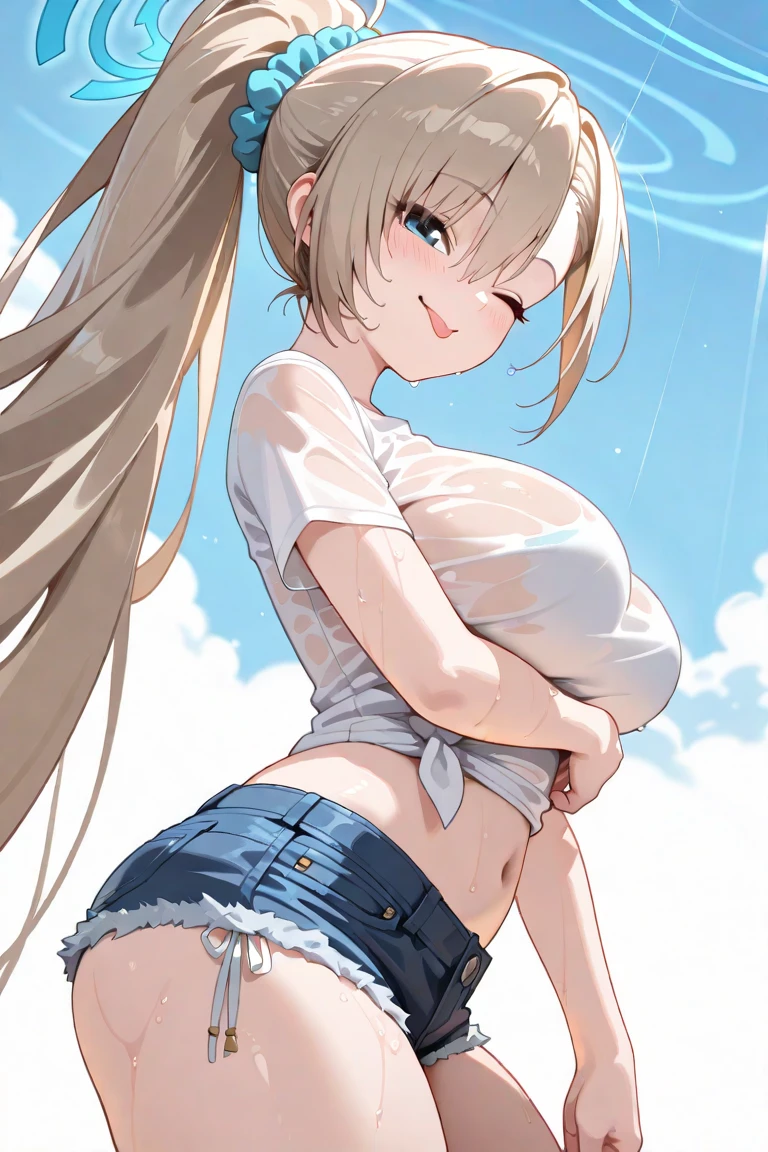 (Perfect body),((Tabletop, highest quality, High resolution, Hmph, Pixel Perfect、nsfw))、Anime Screen Capture、(((Brown Skin、Blonde、blue eyes)))、((((Wet、Steam from both armpits))))、((Chubby))、((blush))、1 girl,(((Embarrassing、:d)))、((Spreading her legs)),(((Huge breasts)))、((((Thick thighs、Big Ass、Wide Hips))))、(((Skirt flipped up by the wind)))、(((long hair、Gal、White Shirt、Black Mini Skirt、Blue Striped Panties)))、(((In town)))、