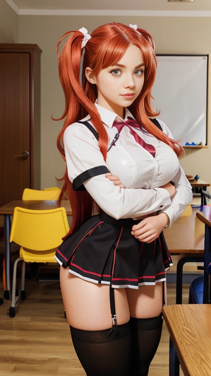 a one woman, long red hair, defined body, Overview, sexy school uniform, posse sexy