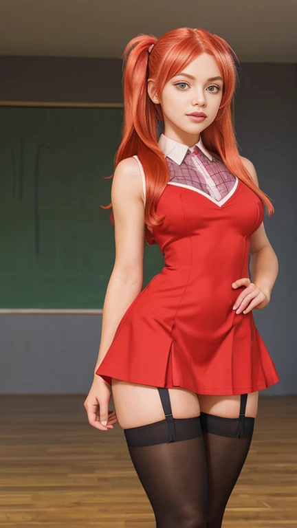Himiko Toga from My Hero Academia wearing red, open-toed, tall platform heels and red, two-piece bikini in a classroom while holding a knife