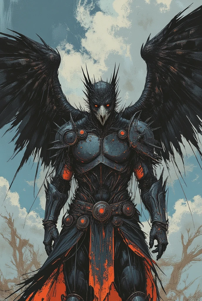 Demon with black wings and sickle around dead bodies, war, horror, cosmic terror, dark tones, morbid atmosphere, nuclear disaster, dystopia, blood, Apocalypse, by Kilian Eng