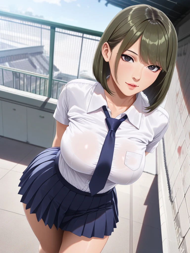 accidental exposure panties close-up of a pretty teen, seductive look, light from above, rim lighting, masterpiece, best quality, highres, extremely clear, 8k wallpaper , ((school uniform)) , ((large breast))