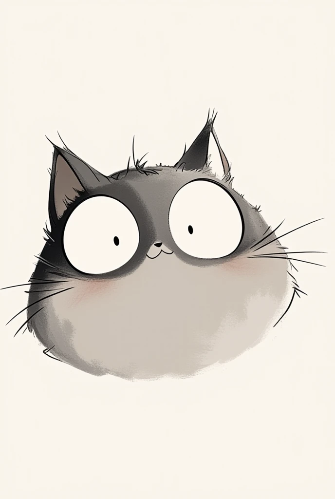 Sumi-e,awkward, kind, crazy grey cat (just the head) cartoon by Felix Bolaños (simple drawing)