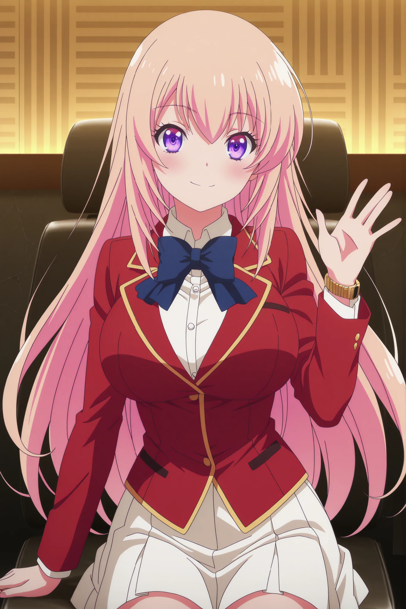  
masterpiece, the best quality, Very detailed, , masterpiece, the best quality,  eyelashes, (beautiful eyelashes), image of a cowboy
Honami Ichinosi, 
 anime,  Official art , big breasts, blush, Red leather,big breasts,  long curly hair  ,  A smile  , Purple eyes ,    gold ,  
red jacket , latex skirt ,white skirt , shirts
Watch viewers , Put your hand on your lower back ,waving ,