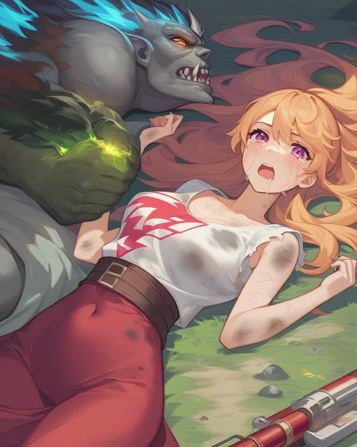 Close-up of a woman lying on a rock near a giant monster, epic Full color illustrations, Fantasy RPG book illustration, RPG Artwork, detailed Digital 2D Fantasy Art, RPG illustration, Full color illustrations, epic RPG Artwork, RPG Art, Digital 2D Fantasy Art, RPG rulebook illustrations, Detailed game art illustrations, 2. 5d cgi anime fantasy artwork,smile