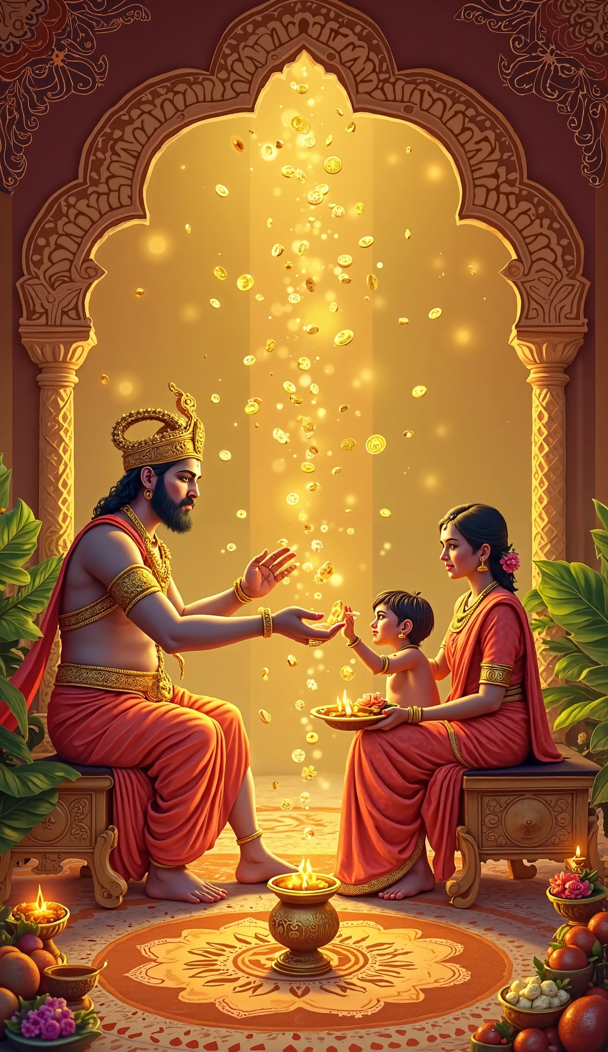 A scene of King Subala, Shakuni, Gandhari, and other family members in the royal palace of Gandhara, showing their unity and happiness.
In comic style