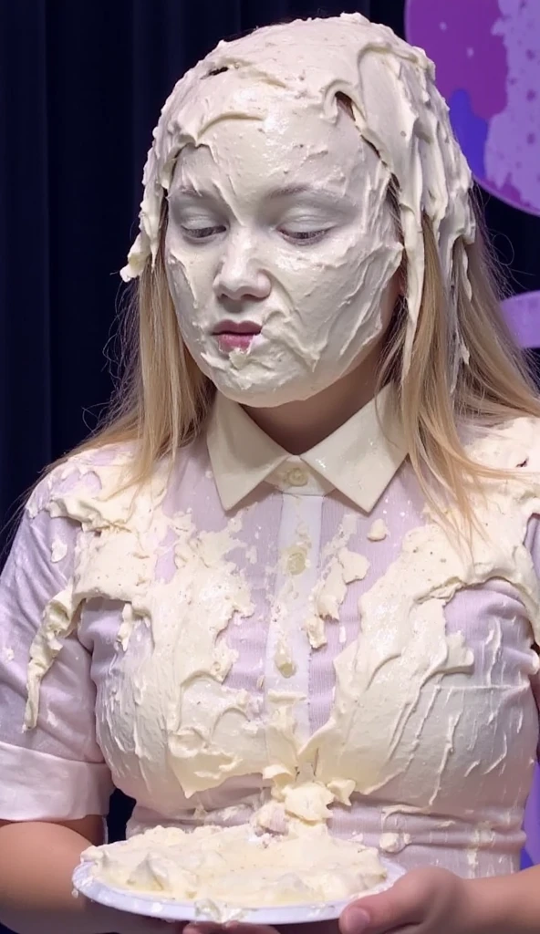 (messy), (humiliating) (1 woman), (office attire), (target of a pie-throwing contest). Watch her get hit with plenty of whipped cream pies in her face. It's a (messy game) and (wet and messy) experience that will leave you in stitches. (Pie throw) and (pie fight), with (flying cream) and (pies thrown galore)