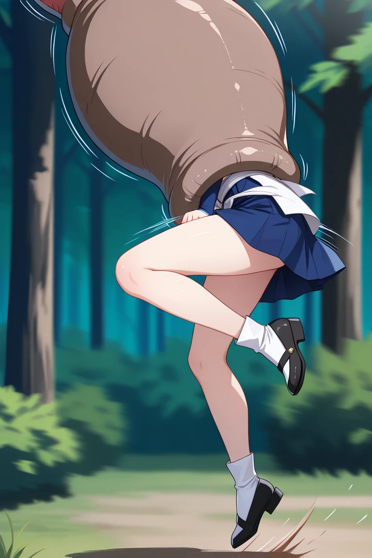 1girl, (torn blue school outfit), (torn printed panties), big bare ass, hanging up, embarassed, looking down, blushing, green eyes, brown hair, forest background, bite marks on ass, (bitten by wolf)