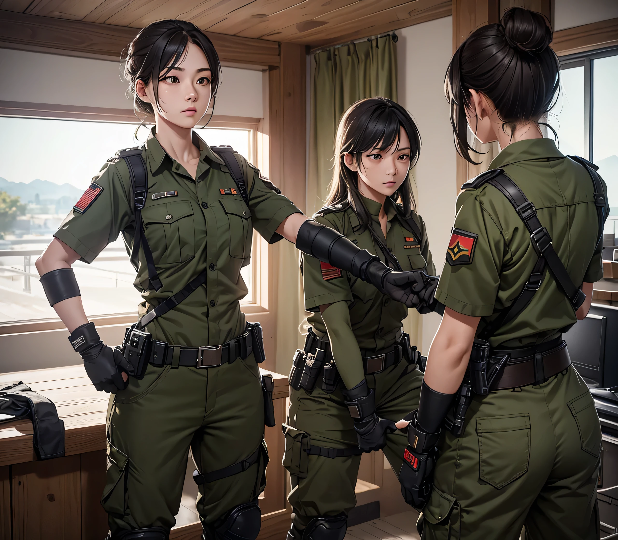 in a panoramic view,photorealestic,Modern style,Blue sky,,Great Wall military base,3girl,Wear camouflage Chinese modern military uniform,Wearing high-tech Chinese body armor,Wearing a black berets,All-inclusive black mask,Wear a Chinese sabre,Carry a pistol,Carry an automatic rifle,Stand in front of the Great Wall,Sharp eyes,professinal,Meistwick,commissioned,best qualtiy,color corrected,After fixation,Retouching,Improvement,Epic,Tone-mapping,the detail, highly detailed, digitial painting, art stations, Conceptual map of the long dam, Smoothness, Sharp focus, Beautiful illustration, photore, The light from the back window is backlighted, 动态照明, Mist, 复杂, cinematic grain, professinal, face to the viewer,(Beautiful m3d_woman, Perfect M3D_face,), Volumetriclighting, subsurfacescattering, Good highlights, Good shadows, cinematic ligh