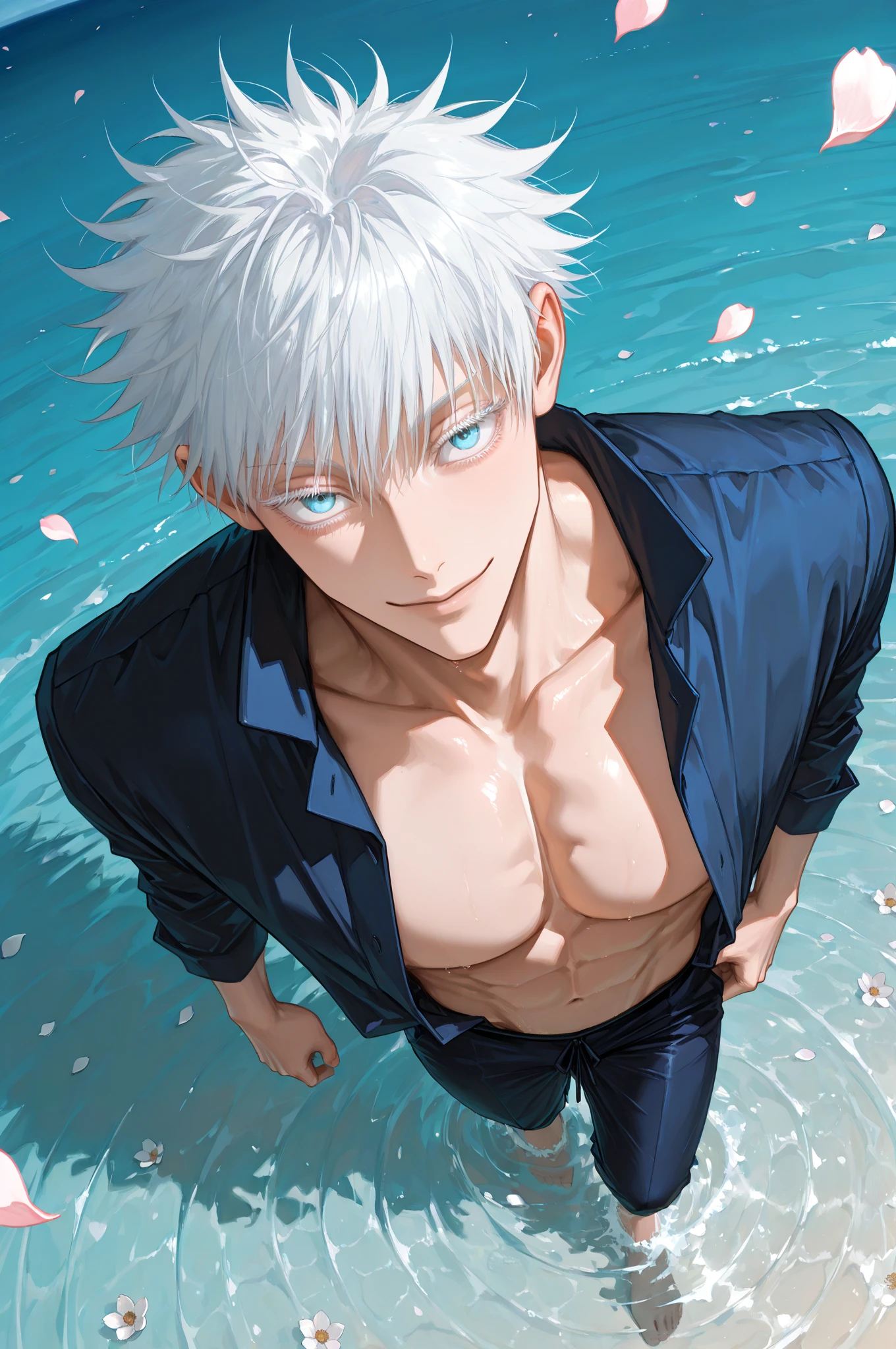 absurdres, highres, ultra detailed, HDR, master piece, best quality, detailed eyes, extremely detailed, delicated features, Gojou Satoru, white hair, expressive blue eyes, white eyelashes, Jujutsu Kaisen, solo, sexy man, handsome, manly man, sensual, erotic, bare chest, magical, fantasy, sea, beach, blue sky
