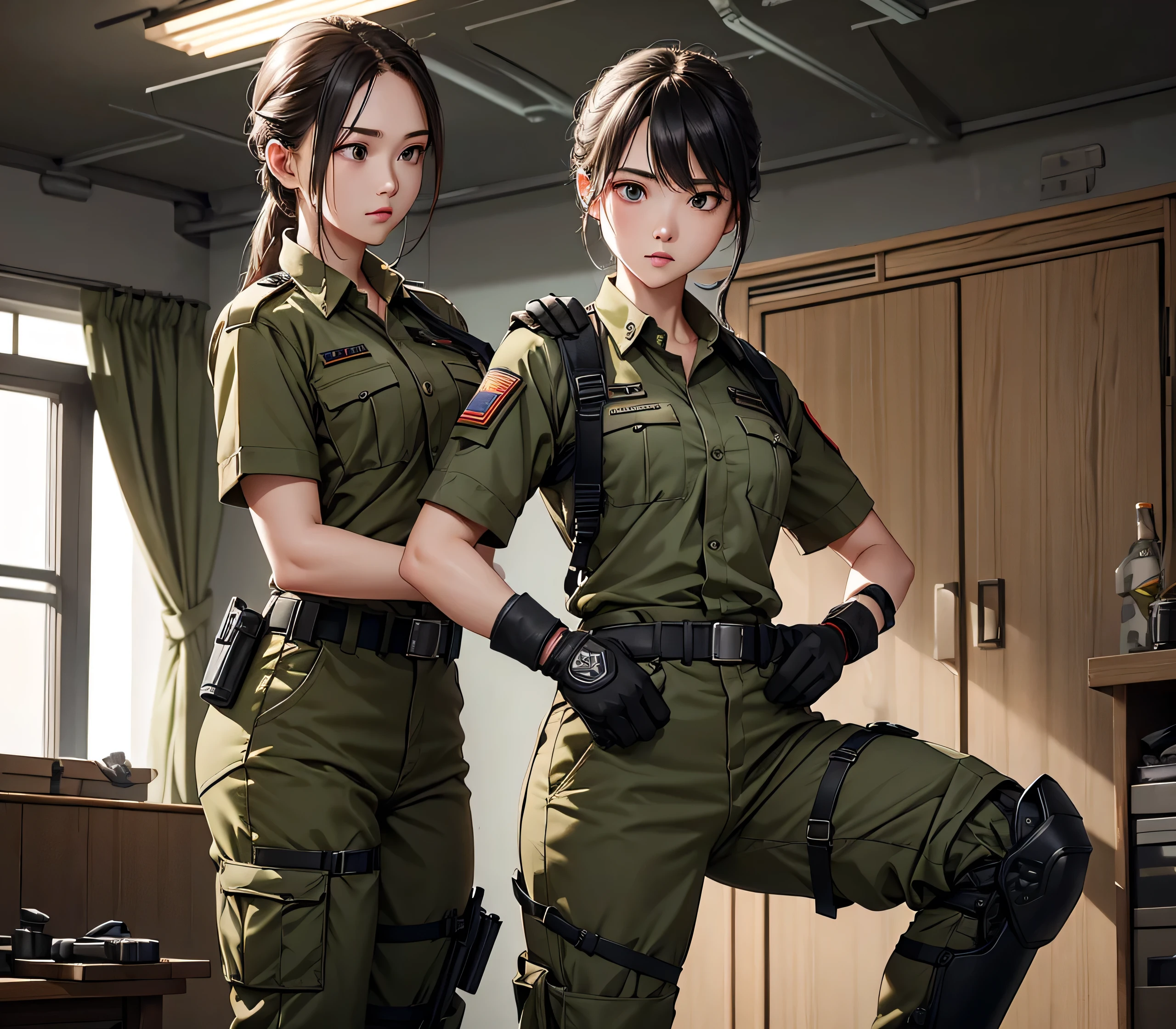 survival game、Black combat uniform、survival gameのフィールド、A beautiful girl is holding a pistol、head to waste、