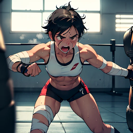 full body two persons. a bloody japanese girl fighter and a lady fighter is fighting in the octagon ring. the lady. the lady is punching the girl's face so hard in a series . the girl has no energy. the girl is crying and screaming. the girl has short-cut black hair, shortness of breath, drool from her mouth, closed eye, exhaustion, and sweat soaked. open finger grobe. Muscularity. Six pack abs. Erect nipples.