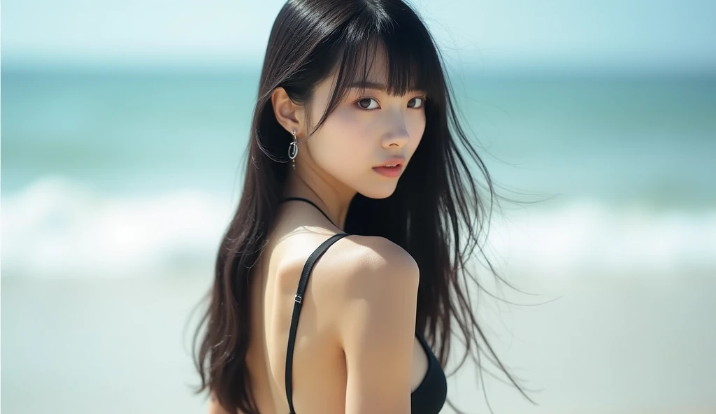 masterpiece, Realistic, Surreal, Highest quality, camera photo、 Hair length, Black-haired, Hair that flutters in Wind, Bikini Swimwear, Esbian all over, (Laughter), Wind, Raw photo, delicate, (Intricate details:1.3), Hyper Detail, In detail, colorful, darker shadow, One Girl, solo, 8K Ultra HD, Film Grain, (Photorealistic:1.3), (More skin:1.2), Beautiful details, Skin Texture, Light of the sun, Beach、Beach、The sun is dazzling、Clear sky