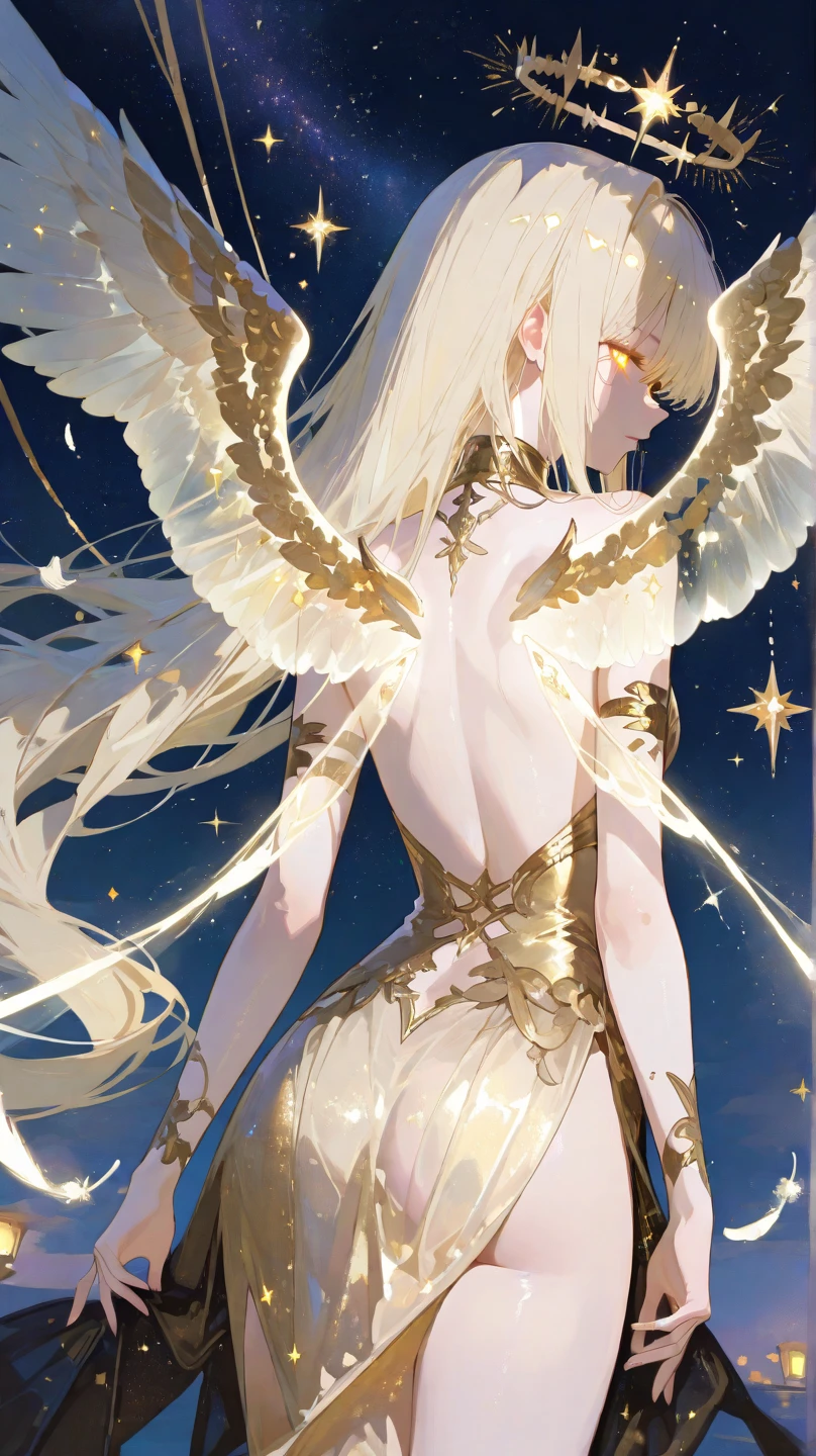 Designed by nty, 1 girl, (((8K, RAW photos, best quality, masterpiece: 1.4))), (((angelic woman))), ultra high resolution, Super detailed, light, Close-up cleavage, beautiful girl, red eyes, (delicate eyes, eyes are very bright:1.2), gray medium length hair, angelic, Pale complexion, Ear piercing, White clothes, Meticulous clothes, gold accessories on clothes, (perfect ???????:1.2), High quality shadows, natural lighting, (White highlights:1.2), night, cloudy day, (angel wings:1.2), (starry sky:1.2)