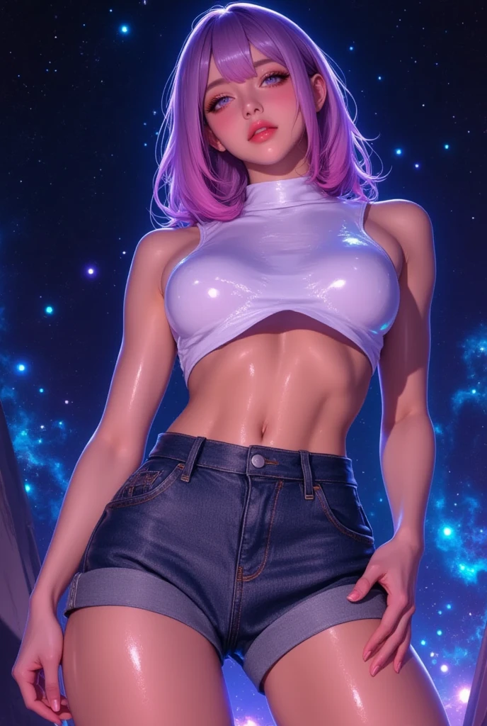 masterpiece, best quality, highly detailed, highres, super detailed, 20 year old girl stands front doggy style, beautiful eyes, beautiful face, beautiful lips, open mouth, solo, (intricate beautiful face, orgasm on face, detailed face:1.1), (intricate bob hairstyle hair, pink hair, detailed hair:1.1), (cinematic view, front shot, looks at the viewer:1.1), (intricate latex shorts, beautiful latex shorts, sculpted latex shorts:1.1), without a bra, belt fits breasts, belt fits legs, hand strangulation of the neck, (big beautiful breasts, voluminous breasts, naked breasts:1.1), (detailed body, beautiful body, naked body:1.1), (big abs, beautiful abs, sculpted abs:1.1), (beautiful legs, detailed legs, sculpted legs:1.1), (beautiful sneakers, detailed sneakers:1.1), bright glowing eyes, (white skin, bright skin, detailed skin, glistening skin:1.1), (cosmos background, detailed cosmos background, boke cosmos background:1.1), perfect natural lighting, detailed lighting