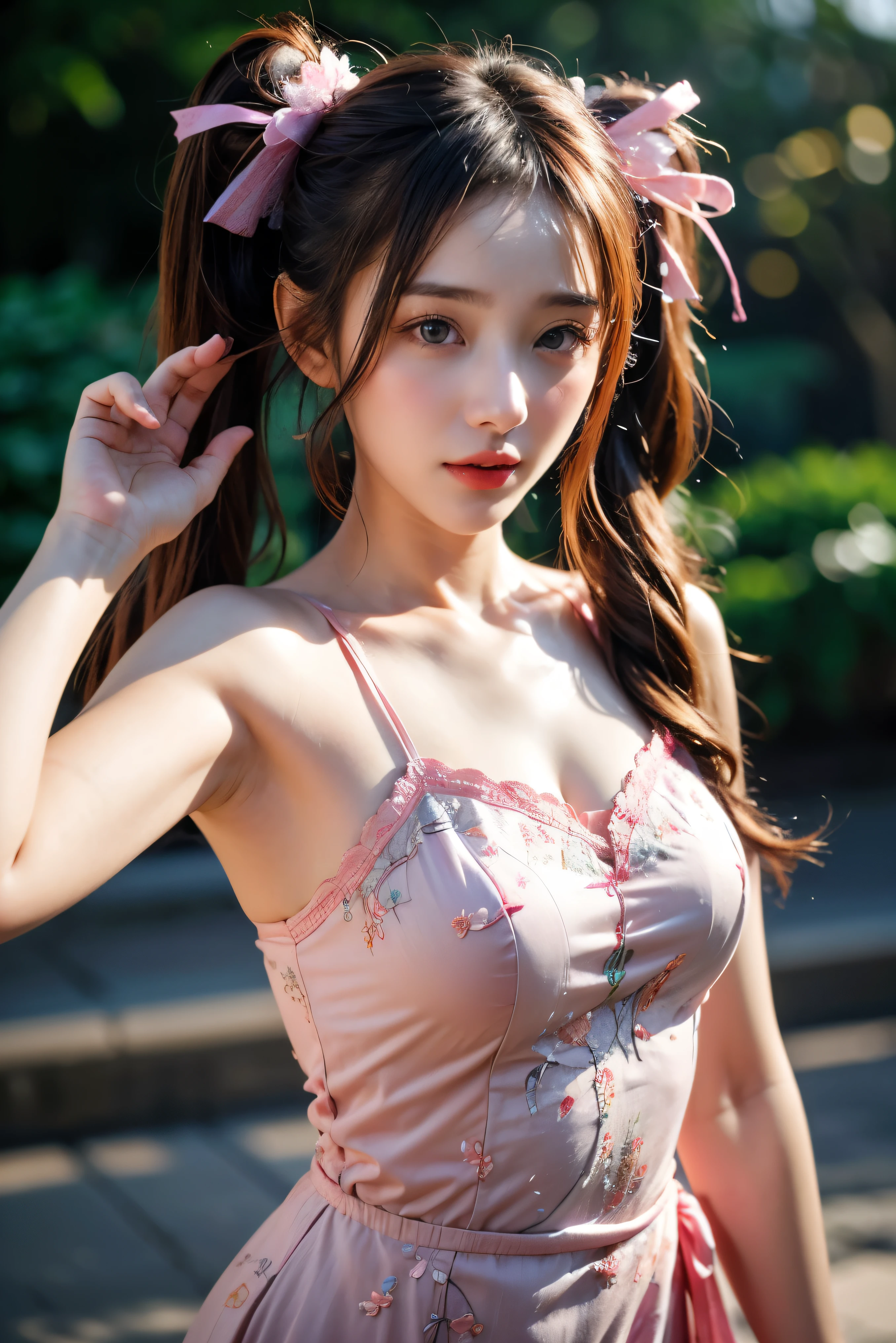 (Best Quality Detail)、realisitic、8K UHD、hight resolution、(1girl in:1.2)、The ultra-detailliert、High quality textures、intricate detailes、detaileds、Very detailed CG、High quality shadows、Detail Beautiful delicate face、Detail Beautiful delicate eyes、depth of fields、Ray traching、in her 20s、Pretty Kpop Girl、(Korean Urzan Face)、Slender face、(ulzzang -6500-v1.1:0.6)、pureerosface_v1、gloweyes、perfectbody、 look at viewr、(Best Quality Detail:1.2)、realisitic、8K UHD、hight resolution、(1girl in:1.2)、The ultra-detailliert、High quality textures、intricate detailes、detaileds、Very detailed CG、High quality shadows、Detail Beautiful delicate face、Detail Beautiful delicate eyes、depth of fields、Ray traching、in her 20s、Pretty Kpop Girl、(Korean Urzan Face)、Slender face、(ulzzang -6500-v1.1:0.6)、teak、Glossy lips、、high-level image quality, The highest image quality, top-quality, Photorealsitic, ultra-detailliert, photos realistic, 4K 8K UHD Full Color RAW Photos, Fuji Film(Medium format), Hasselblad, Carl zeiss, Incredible dynamic range photography(UTIL_Art by Smoose-768:1.1),hight resolution, High pixel count, clear details, crisp image, Natural color reproduction, Noise Reduction, High fidelity, qulity, Software Improvements, Upscaling, Optimized algorithms, Pro-level retouching, (Jewelry Accessories)、Mystical floral hair ornament、(Brown-eyed)、(Pink hair), (long)、(Layered Hair Style), Description beautiful delicate hair、One piece with white ruffles、cherry blossom in full bloom、Fluttering petals、