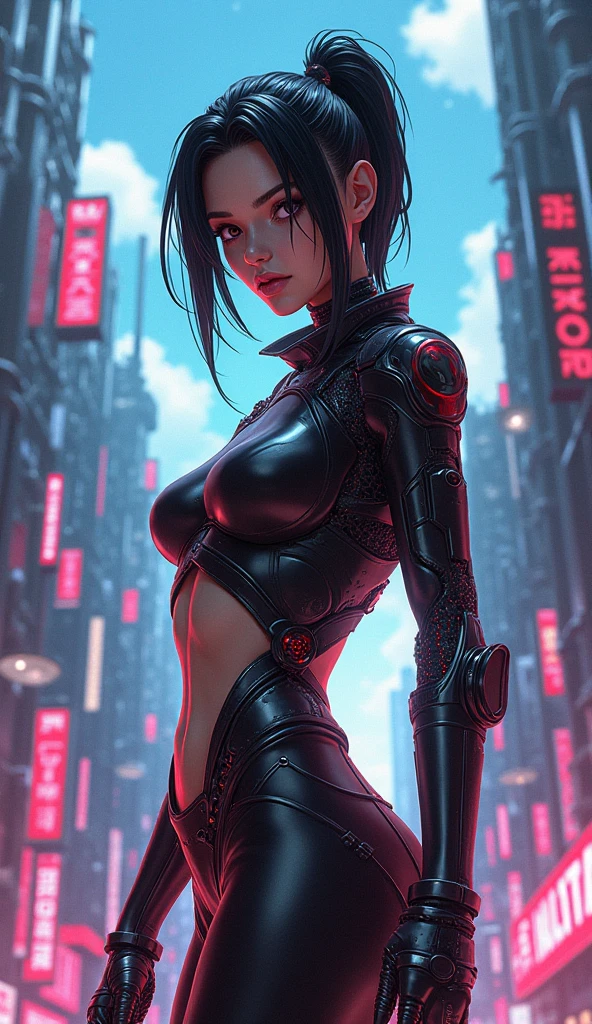 1 beautiful female, heavy metal , bobcut, fututristic, city street, assassin, circuitry, tattoos