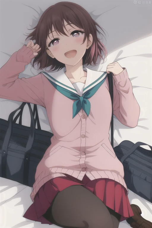 masterpiece, best quality, absurdres, perfect anatomy, beautiful background, beautiful face, beautiful eyes, beautiful body, Hiura, 1girl, solo, looking at viewer, short hair, skirt, brown hair, red eyes, long sleeves, school uniform, collarbone, pantyhose, pleated skirt, serafuku, pink eyes, sailor collar, bag, neckerchief, black pantyhose, red skirt, cardigan, school bag, white sailor collar, pink cardigan, green neckerchief, Lying on the side, pretending to laugh uncontrollably, <lora:MihateHiura:0.85>