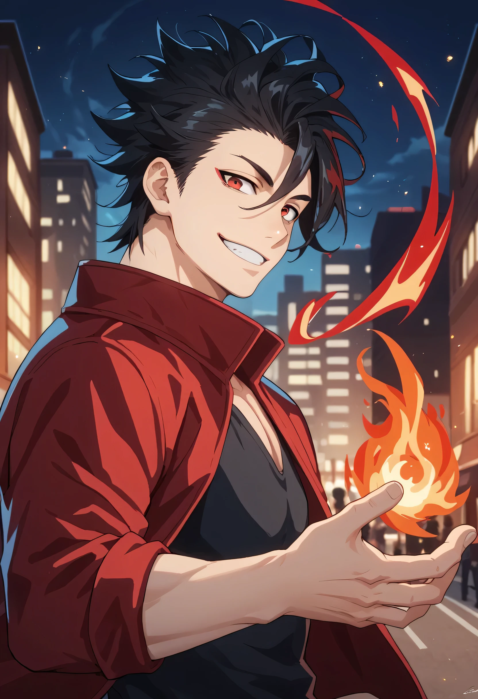 black hair, man, red eyes, white skin, strong, strong physique, black shirt, focus on character, city in background, night, smiling, cheerful, messy hair, looking at viewer, anime style, young, athletic, wizard, Gojou satoru, Magic, Red magic, red Magic, dragon, Magic dragon, dragon Magic, Dragon Monster, Dragon, Red dragon, Fire, side view, red jacket