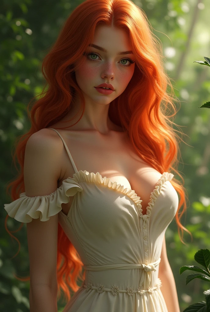 Beautiful, (cute), 23 year old European woman, red hair, long hair, curly hair, perfect face, (sharp features), thousands of (freckles), similar to amouranth, skin pores, smiling, happy, blue eyes, perfect eyes, cleavage, perfect breasts, skinny, (uniform hands), normal hands, birch forest, nature, blue skies, cinematic lighting, subject is well lighted, late autumn, 1 person, (high quality), (ultra quality), (8k ultra hd)