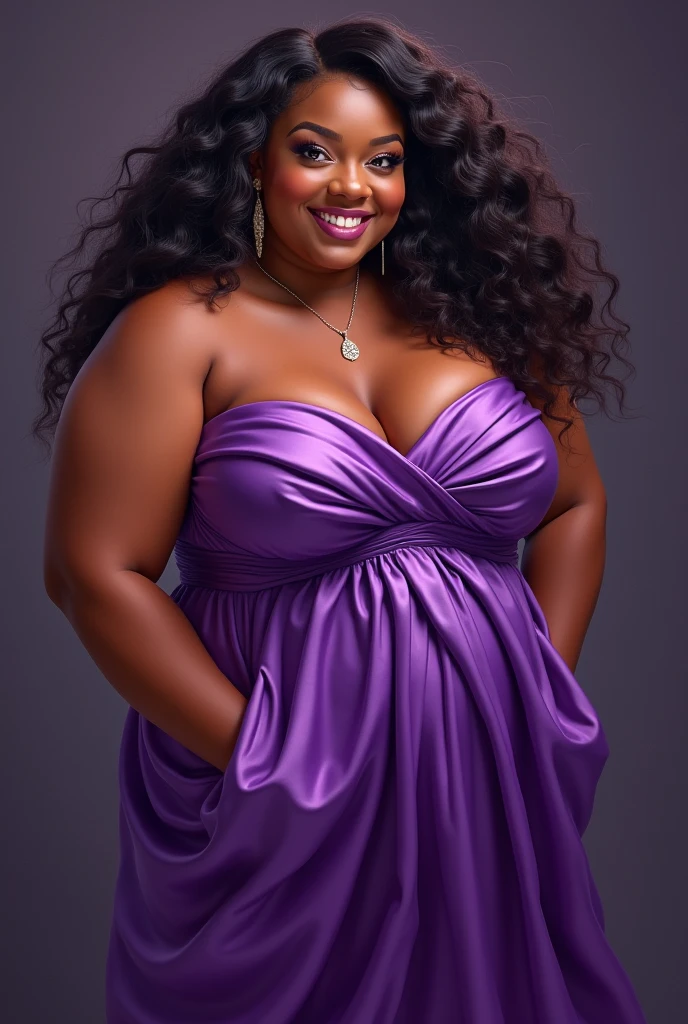 Black chubby woman in a blue gown amd blue sleepers, afro hair