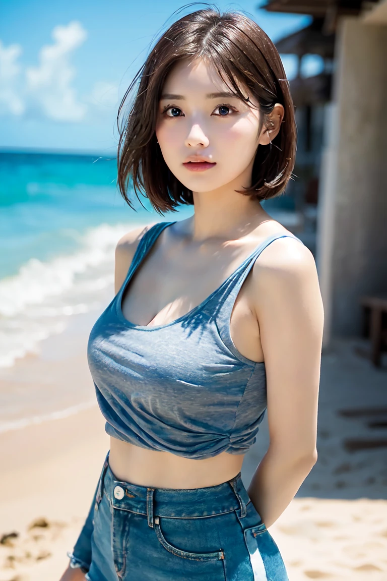 Short curly blonde hair,White sheer short sleeves,Blue skinny jeans shorts,beachside,Hold your hair in your left hand,ssmile,Korean temperament beauty,Sensual and fascinating