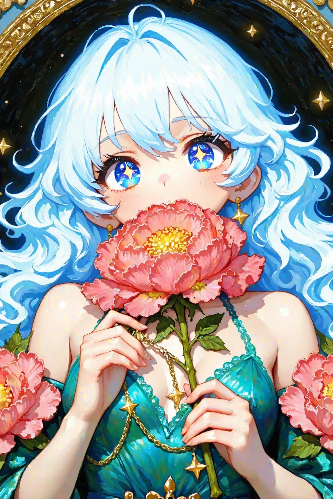 Rococo style，of people，Aesthetic and dreamy digital oil painting，Anime oil painting： beautiful big eyes，Long wavy hair， gorgeous dress ，holding a peony flower in the hand，star chain，Plaster texture