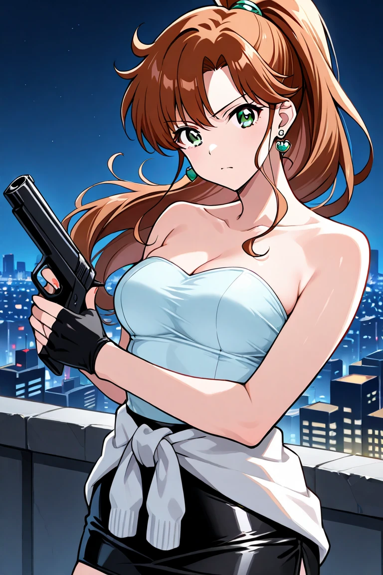 Highest quality、Ultra HD、One Woman、(Brown hair, straight and long 1.3)、(Red One Piece 1.3)、(White Heels 1.1)、(Knee-high socks 1.2)、((Shoot a gun 1.2))、(red ribbon 1.2)、(Beautiful face like a Japanese actress 1.2)、Adult women、Slender body、((Large Breasts))、(Sunset city background 1.2)、((Clear and beautiful touch))
