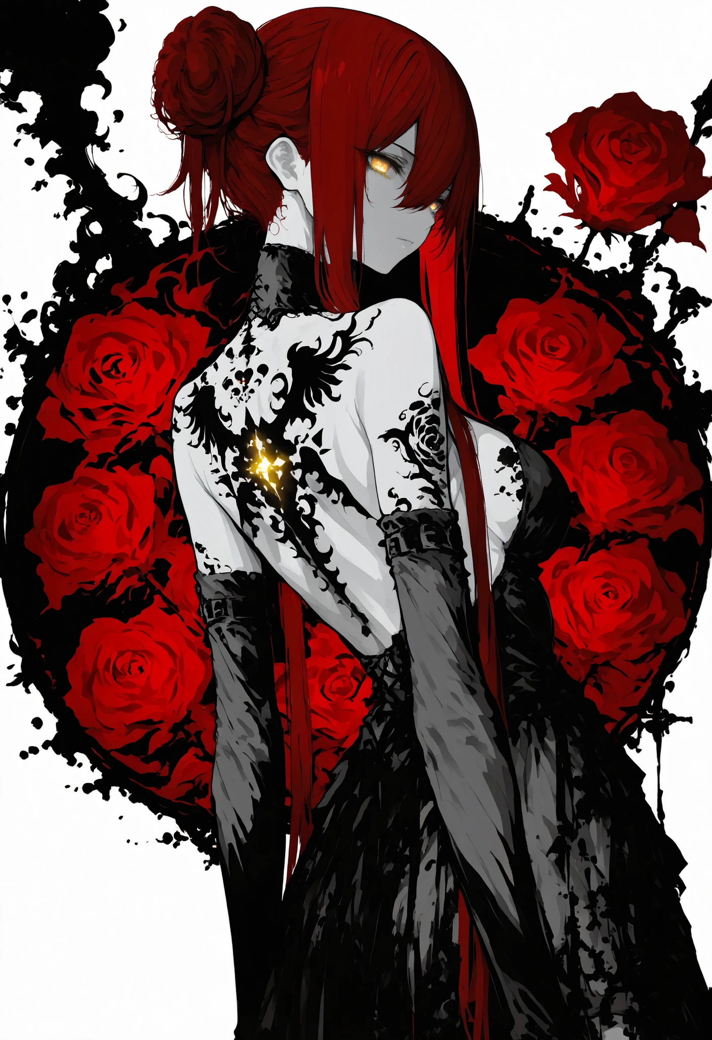 1 woman , golden eyes , very long hair , long sidelocks, red hair, petite , very cute , beautiful ,Straight hair, cool, handsome, hair between eyes, sexy, medium large breast, goth fashion, on back, back tattoo, fire rose tattoo, bare back, hair bun, elbow gloves, t-pose,ink color, ink style, monochrome style, circle style, white background, transparent background, (glowing color:1.5), (4k, 8k, ultra HD), detailed illusion, 8k wallpaper ,r17329_illu,monochrome, glow, neon