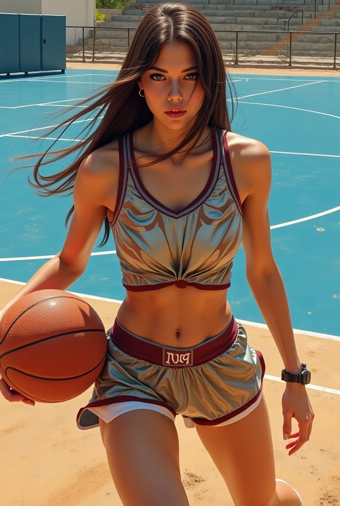 Miley Cyrus is beautiful, long straight hair, wearing a basketball bikini, super seductive pose, white background