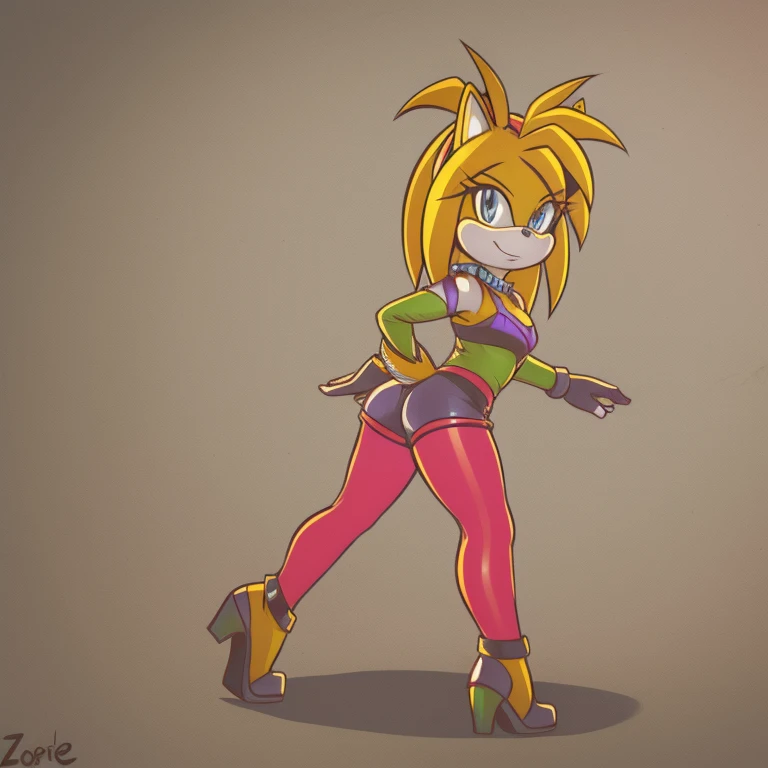 Chica bandicoot, sexy young girl, good body, light yellow hair, long hair, green eyes, mechanics, blue jeans, black shirt, black tennis shoes