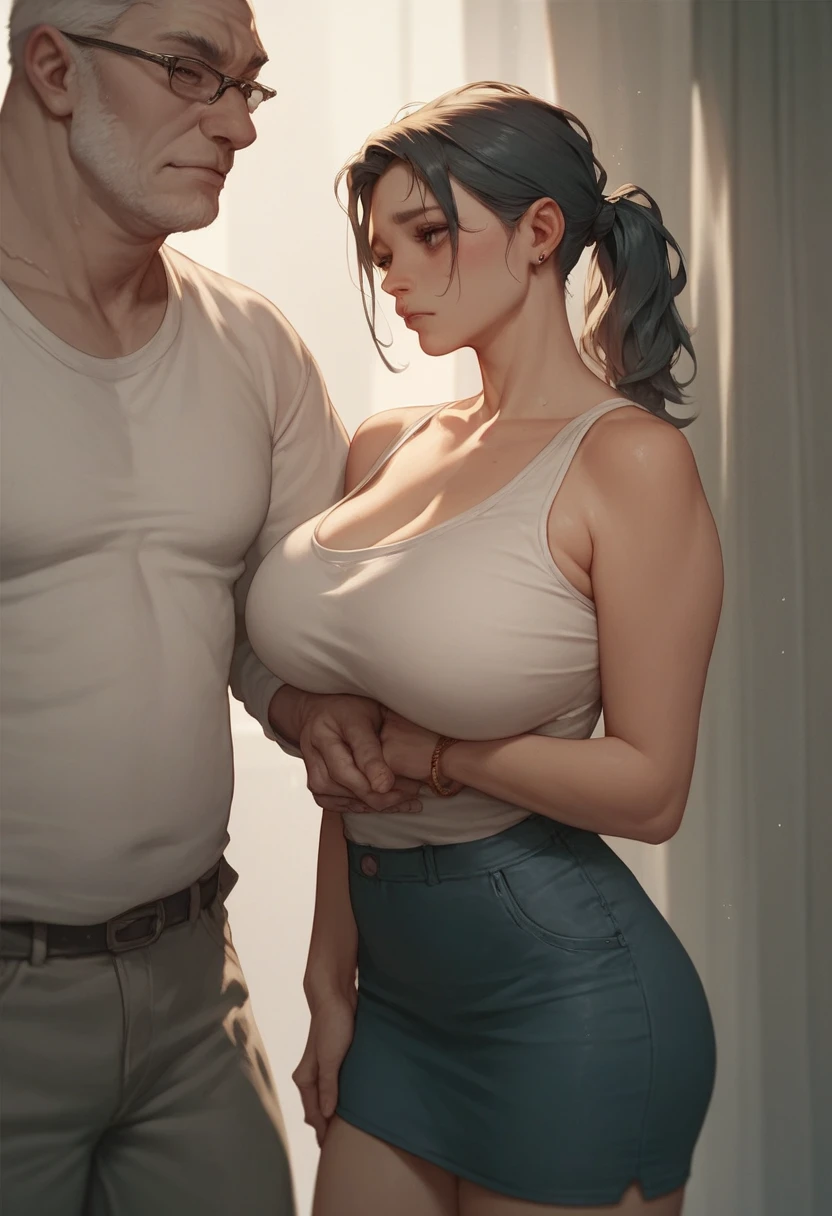 (school,classroom,rape,netorare,from side:1.6,full body:1.6),
(couple:1.6),(husband and wife:1.6),
(husband is standing on wife's ass side:1.6,grabbing wife's hip:1.8),
(wife is a old hag:1.6,Aging:1.5,Wrinkles on face:1.2,Wrinkled face:1.2,a old hag in her 50s with wrinkles on her face:1.5,Has wrinkles around the eyes:1.3,Has laugh lines:1.4,pregnant:1.6,huge sagging breasts:1.6),
nsfw,(wife,all fours:1.6,hands on the floor:1.6,sex from behind:1.6,afterglow:1.6,orgasm,trembling legs and ass,sweat:1.6),
(open jacket:1.6,open shirt:1.6,bra see through:1.6,wife's skirt slip off:1.8,panties slip off),
(restrained, shackles, rope:1.6),
,,,
(((masterpiece))),(((highest quality))),(((4k,8k))),(((extremely detailed CG))),(((high res, very displeasing))),
(((realistic illustration,photorealistic,depth))),(((1.5 intricate details))),((((Ultra Wide Shot)))),
((((a screenshot of UE5 of))),
(perfect anatomy,beautiful eyes, detailed eyes, clean eyes, Natural Eyebrows),
,,,
strong light
