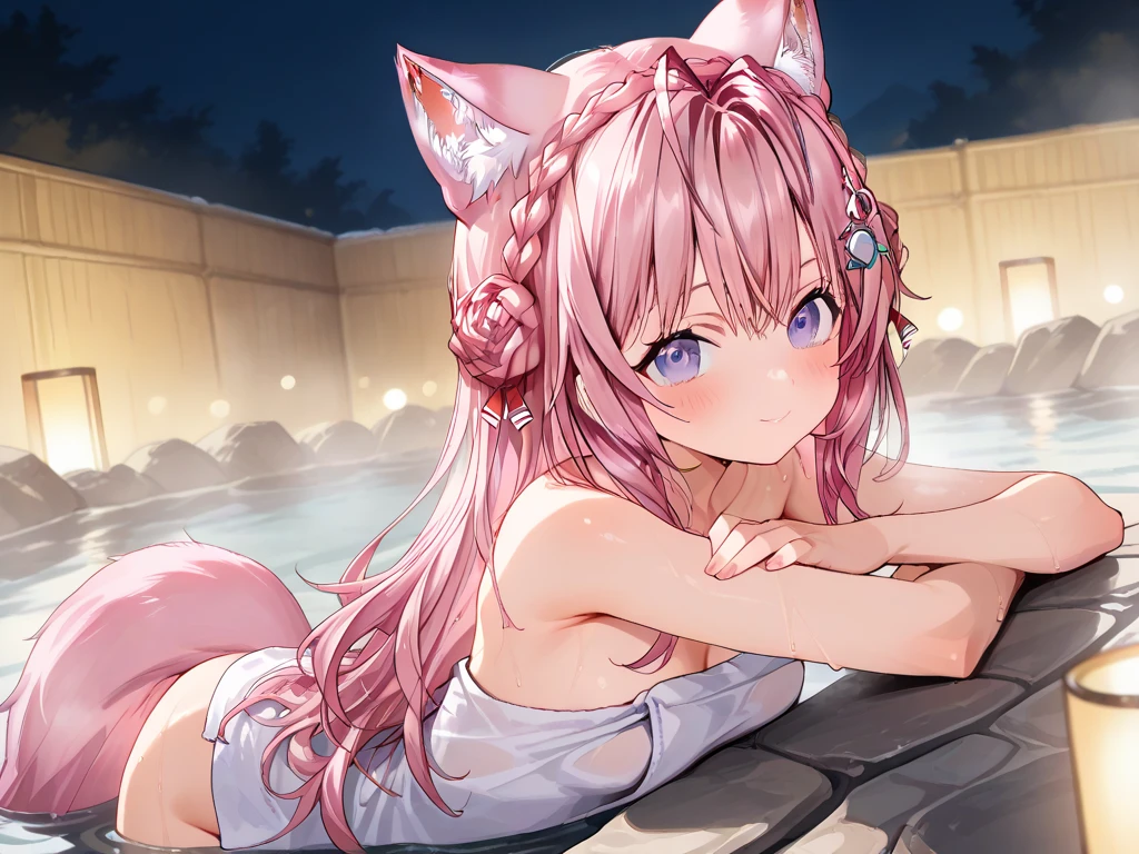 Cute, young, small breasts, , naked, small legs, showering, thin legs, wolf ears, fluffy tail, dark purple hair, dark purple tail, smiling, starry hair