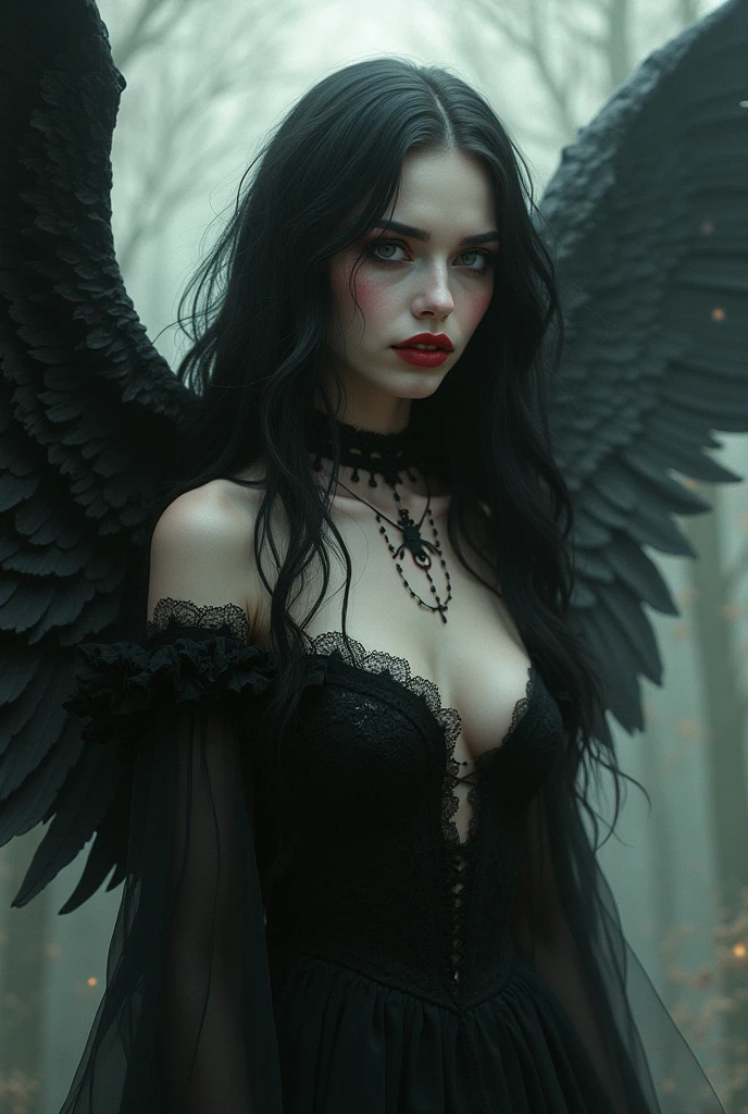 a gothic pale woman with beautifully tattooed horns, a goddess of darkness with seductive features and demon wings, (intense and seductive) eyes, a (pale and flawless) face, (sharp and captivating) cheekbones, (plump and alluring) lips, (flowing and dark) hair, (mysterious and enchanting) aura, (elegant and tasteful) black clothing, (intricately designed) tattoos, (sinister and alluring) presence, (allurignly) confident stance, (subtly) glowing eyes, (graceful and strong) body language, (mesmerizing) gaze, (hauntingly) beautiful expression, (charmingly) crooked smile, (faint and delicate) horns, (delicate and intricate) wing details, (sharp and ominous) edges, (dark and ominous) wingspan, (gracefully) extended wings, (elegant and graceful) poses, (ethereal and enchanting) background, (subtle and atmospheric) lighting, (dark and moody) color palette, (mysterious and captivating) atmosphere, (dramatic and intense) shadows, (intricately) detailed artwork, (high contrast and dramatic) portraits, (hauntingly) beautiful scenery, (majestic and mystical) vibes, (emotionally) powerful imagery, (rich and deep) textures, (hypnotic) visual effects, (dreamlike) illusions, (intense and mesmerizing) compositions, (stunning and immersive) realism.