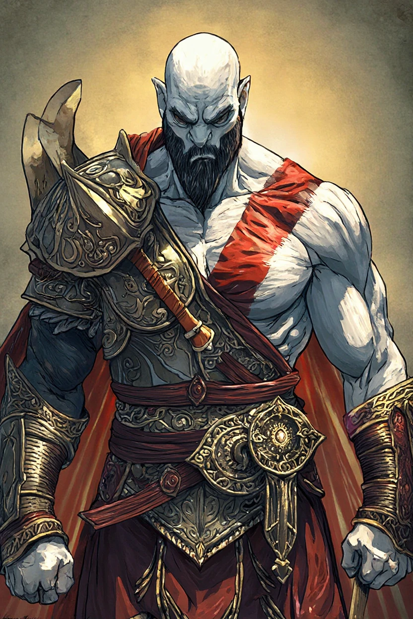 Kratos God of War, sitting, sitting on boulder, looking straight ahead, legs forward