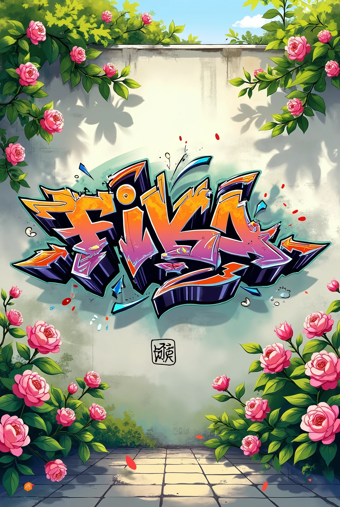 Cool graffiti spelling 'Fika' on the wall background, roses, Chinese,