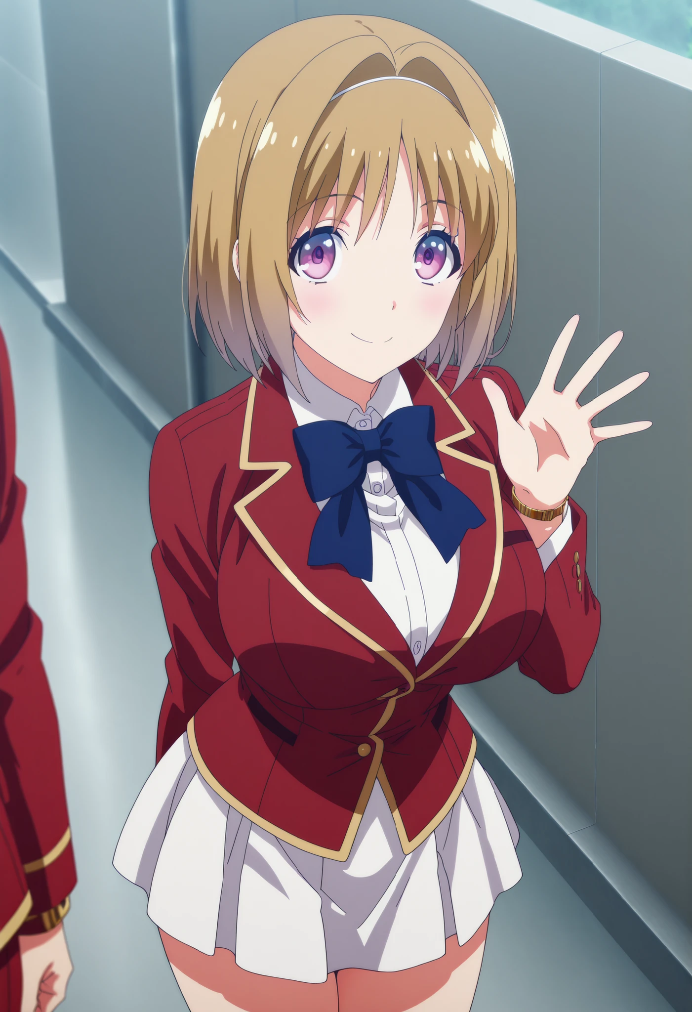 masterpiece, the best quality, Very detailed, , masterpiece, the best quality, eyelashes, (beautiful eyelashes), image of a cowboy
Kushida kikyou,
anime, Official art , big breasts, blush, Red leather,big breasts, short brown hair , A smile , Purple eyes , gold ,
red jacket , latex skirt ,white skirt , shirts
Watch viewers , Put your hand on your lower back ,waving , soft thighs,