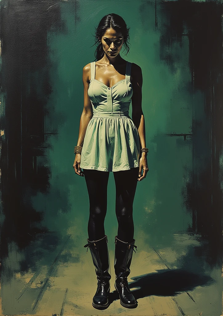 on the city street, in front, very sexy girl, Colombian, black skin, long hair, wearing a sexy dress, looks at us, smiles. She lifts her skirt and shows her panties,eroticism, sexy, black and white image, between shadows, oil painting, chiaroscuro, sensual, dramatic lighting, moody atmosphere, photorealistic, intricate details, masterpiece, ultra-detailed, high quality, 8k, best quality, realistic, cinematic, dark and brooding, expressionistic, powerful composition, emotional impact, art inspired by Bill Sienkiewicz and Dave McKean