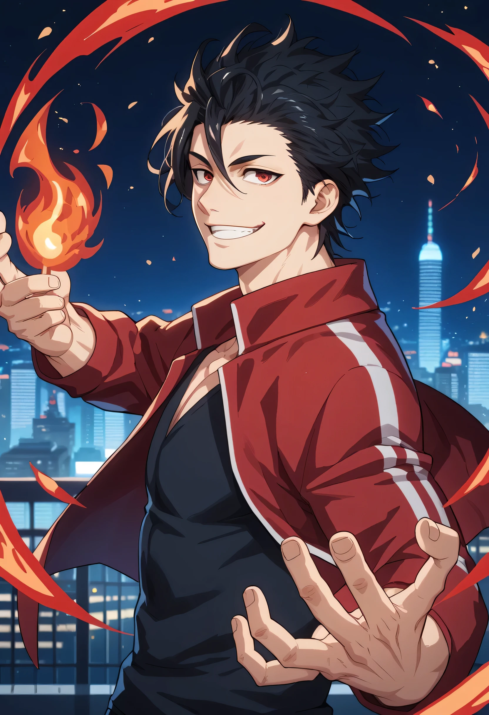 black hair, man, red eyes, white skin, strong, strong physique, black shirt, focus on character, city in background, night, smiling, cheerful, messy hair, looking at viewer, anime style, young, athletic, wizard, Gojou satoru, Magic, Red magic, red Magic, dragon, Magic dragon, dragon Magic, Dragon Monster, Dragon, Red dragon, Fire, side view, red jacket